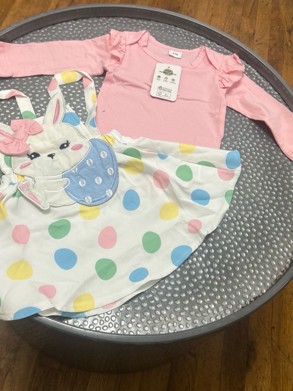 PatPat Pink Ruffle Long-Sleeve Top with Pastel Polka Dot Bunny Pinafore Set